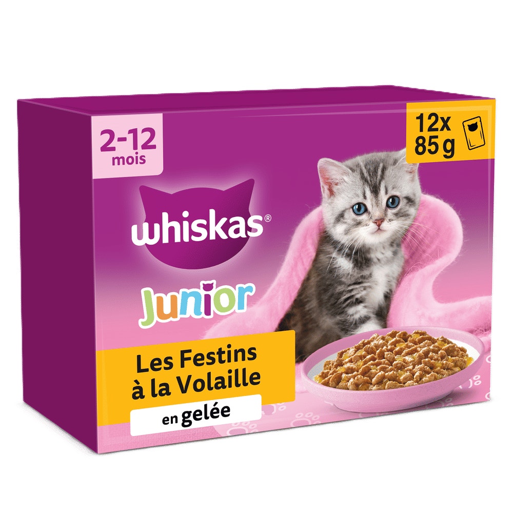 WHISKAS® Sachets Fraîcheur Les Festins À La Volaille En Gelée Pour Chaton 4 Variétés 12 x 85g - 1