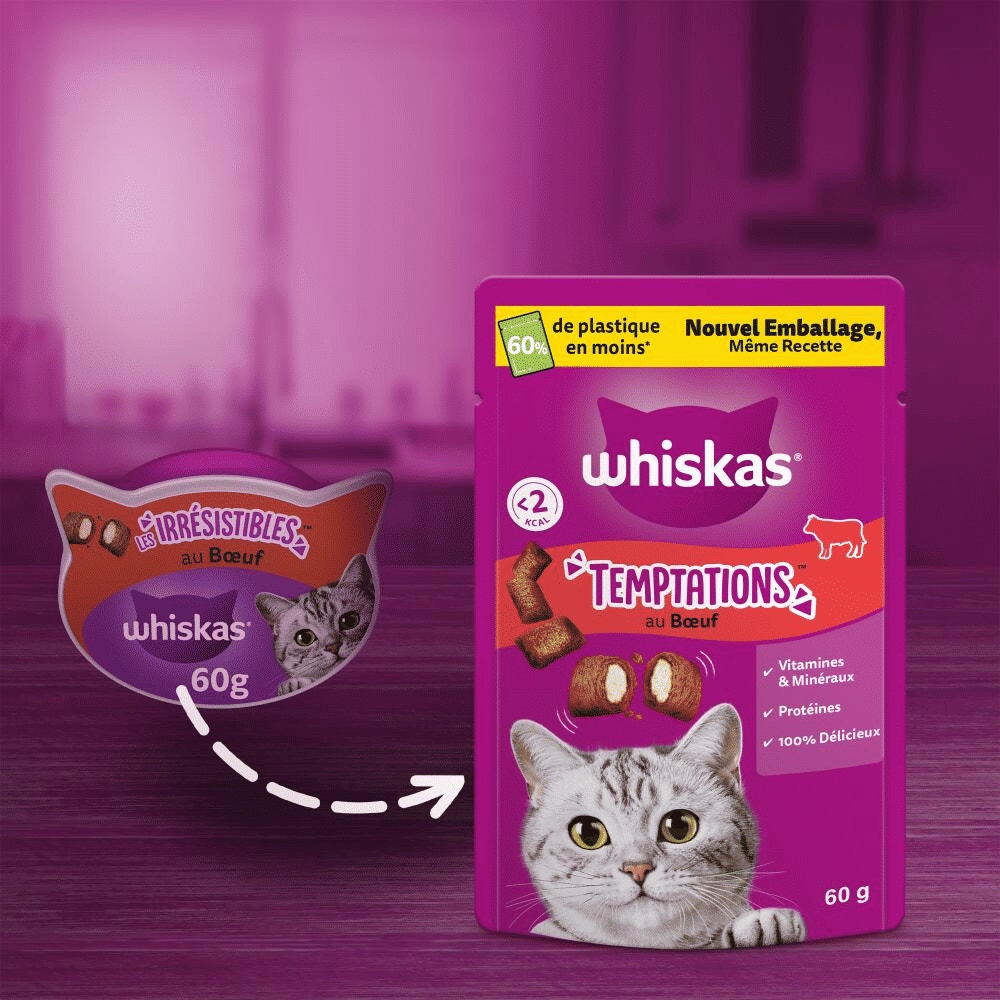 WHISKAS® TEMPTATIONS™ Au Bœuf Friandises Pour Chat Adulte 60g - 6