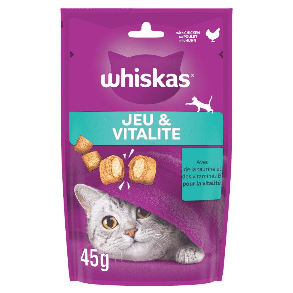 WHISKAS® Pounce & Play Jeu & Vitalité au Poulet Aliment complémentaire pour Chat Adulte 45g - 1
