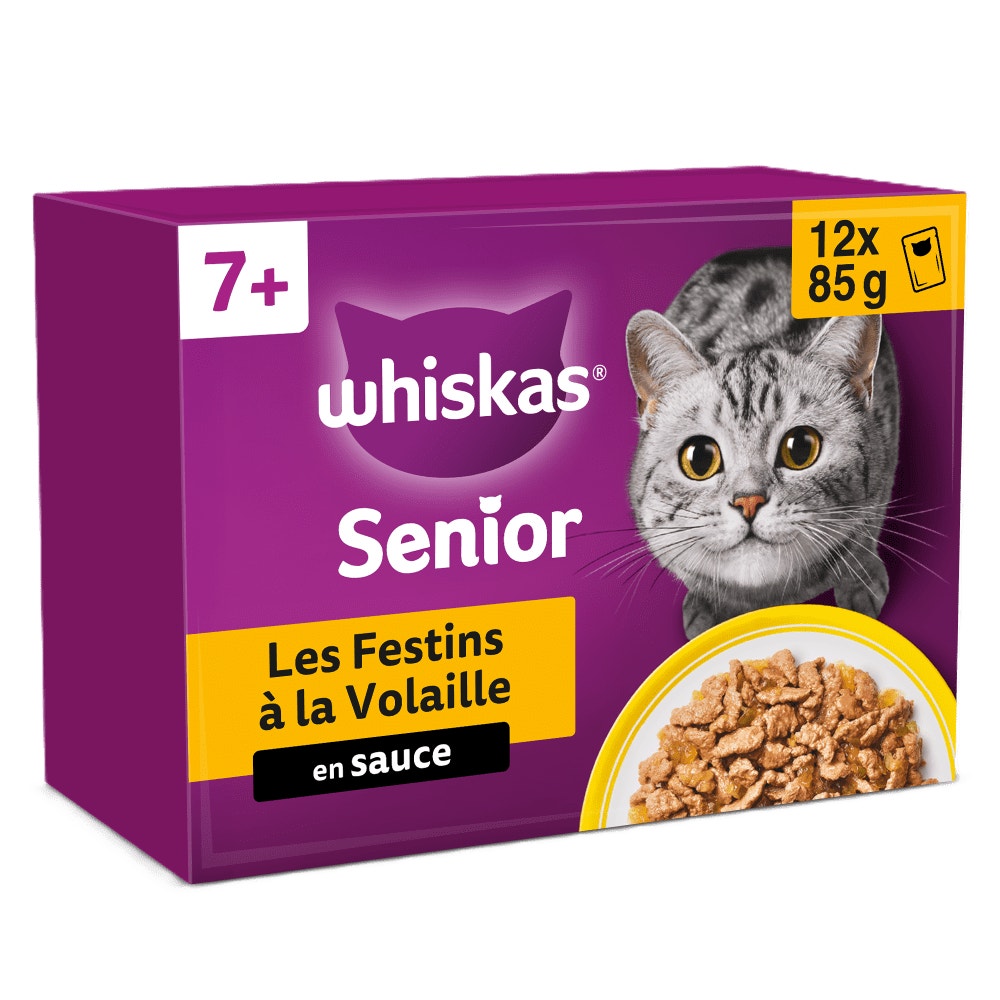 WHISKAS® Sachets Fraîcheur Les Festins À La Volaille En Sauce Pour Chat Senior 4 Variétés 12 x 85g - 1