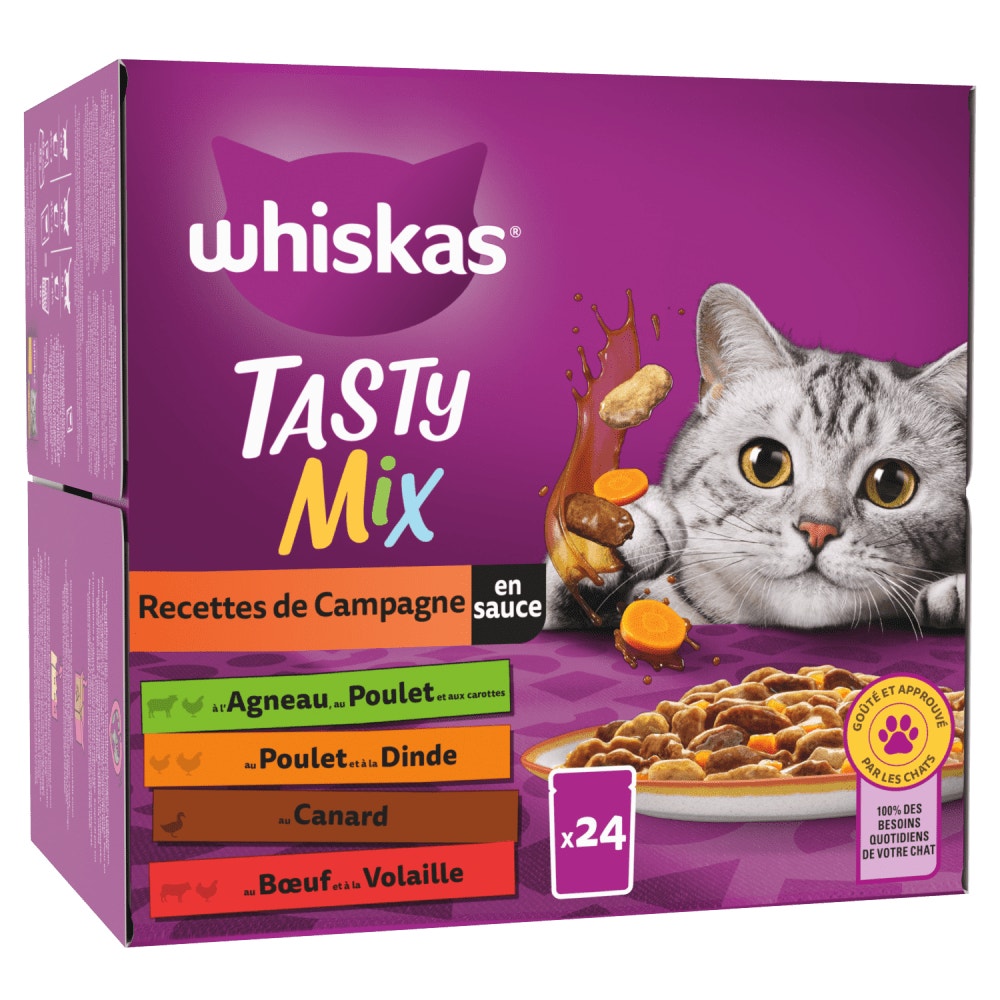 WHISKAS® Tasty Mix Sachets Fraîcheur Recettes De Campagne En Sauce Pour Chat Adulte 4 Variétés 24 x 85g - 1