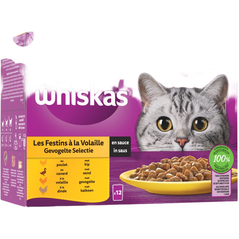 WHISKAS® Sachets Fraîcheur Les Festins À La Volaille En Sauce Pour Chat Senior 4 Variétés 12 x 85g - 1