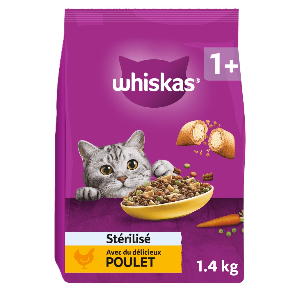 WHISKAS® Croquettes Au Poulet Pour Chat Adulte Stérilisé 1,4kg & 14kg - 1