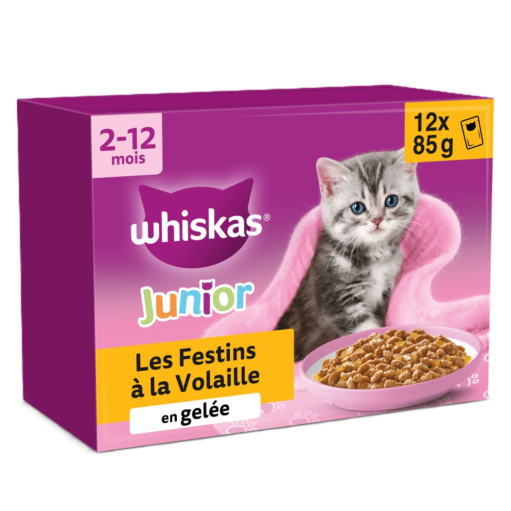 WHISKAS® Sachets Fraîcheur Les Festins À La Volaille En Gelée Pour Chaton 4 Variétés 12 x 85g - 1