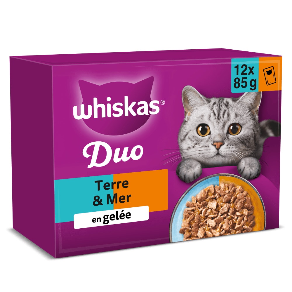 WHISKAS® Duo Sachets Fraîcheur Terre & Mer En Gelée Pour Chat Adulte 4 Variétés 12 x 85g - 1