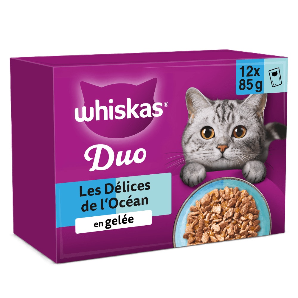 WHISKAS® Duo Sachets Fraîcheur Délices de l'Océan En Gelée Pour Chat Adulte 4 Variétés 12 x 85g - 1