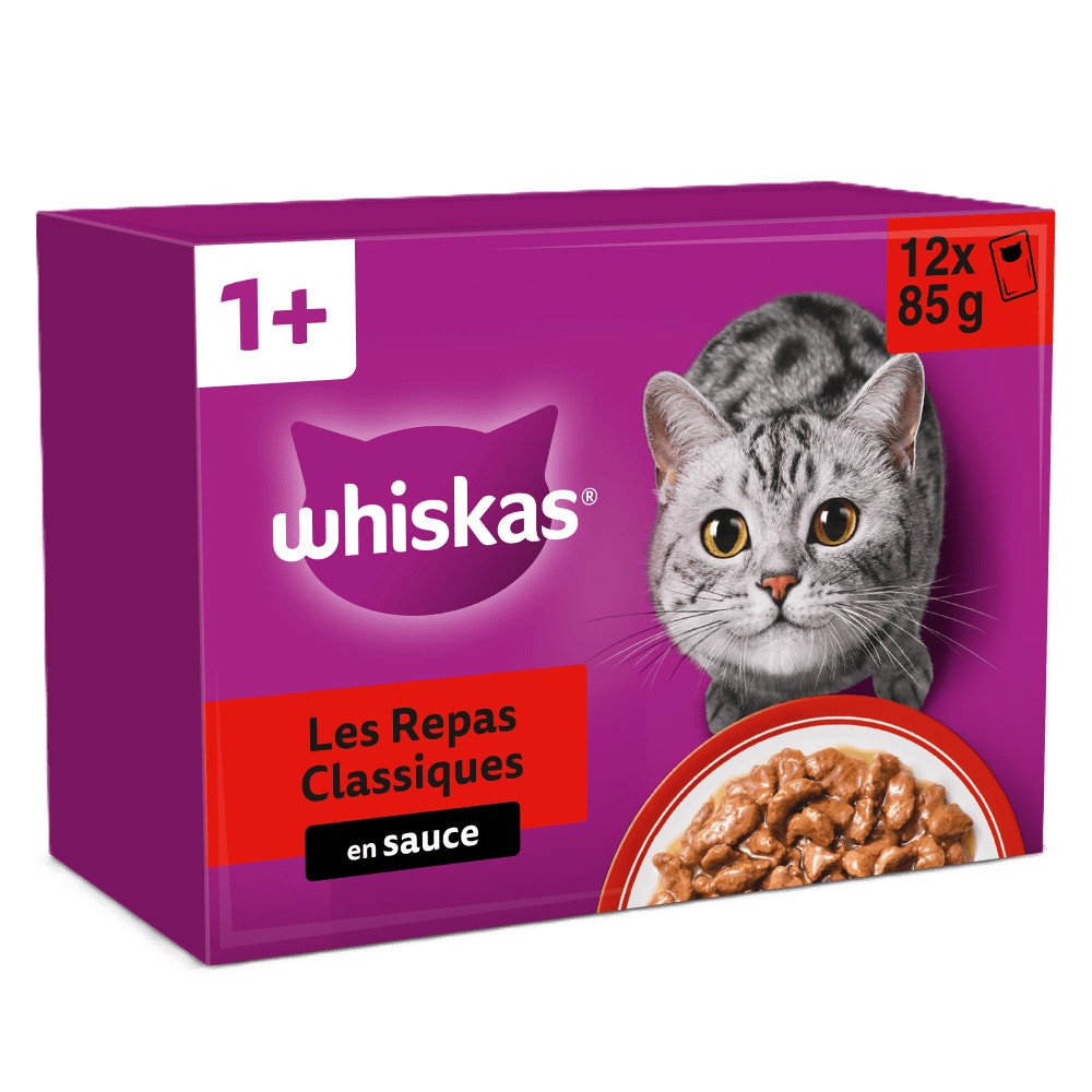 WHISKAS® Sachets Fraîcheur Les Repas Classiques En Sauce Pour Chat Adulte 4 Variétés 12 & 24 & 60 x 85g - 1