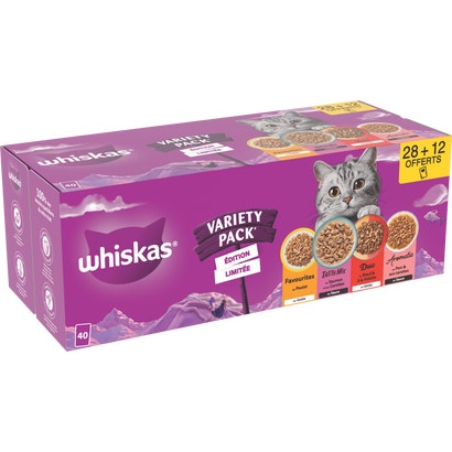 WHISKAS® 1+ Variety pack Sachets Fraîcheur En Sauce Et En Gelée Pour Chat Adulte 40 x 85g