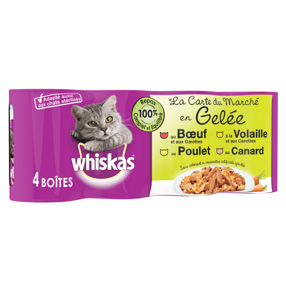 Whiskas 4*100g Gelée pour chat sélection Volaille 🐔 repas complet dans une  savoureuse gelée de volaille, parfaitement équilibrée pour aider votre chat  à rester heureux et plein de vitalité. Commandez avec le